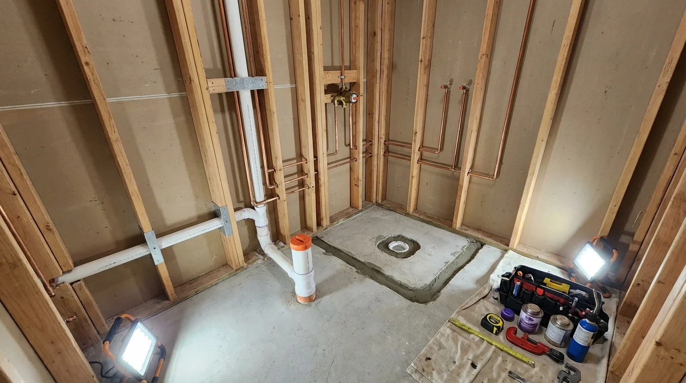 Bathroom rough-in plumbing during remodel by Johns Plumbing LLC in LaBelle