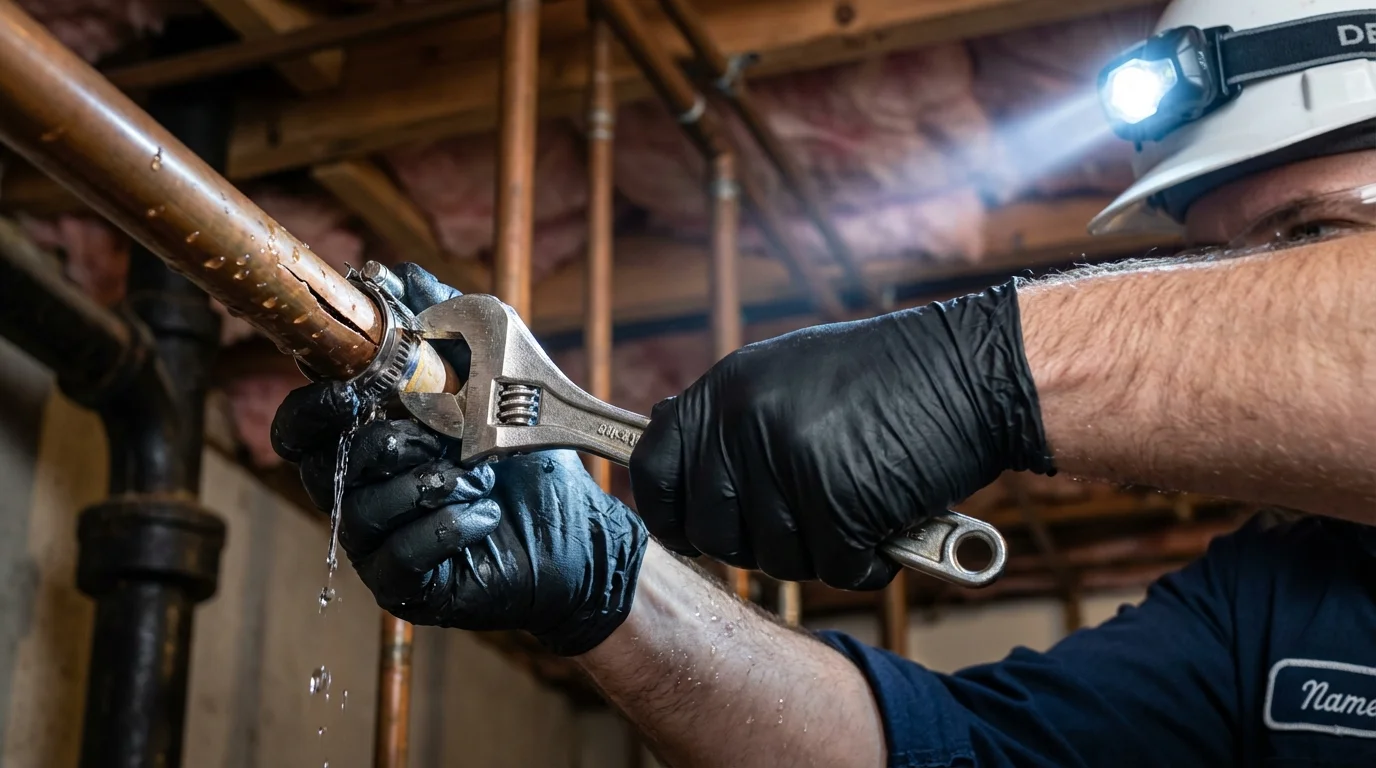 Emergency pipe clamp repair being performed by a Johns Plumbing LLC plumber in LaBelle