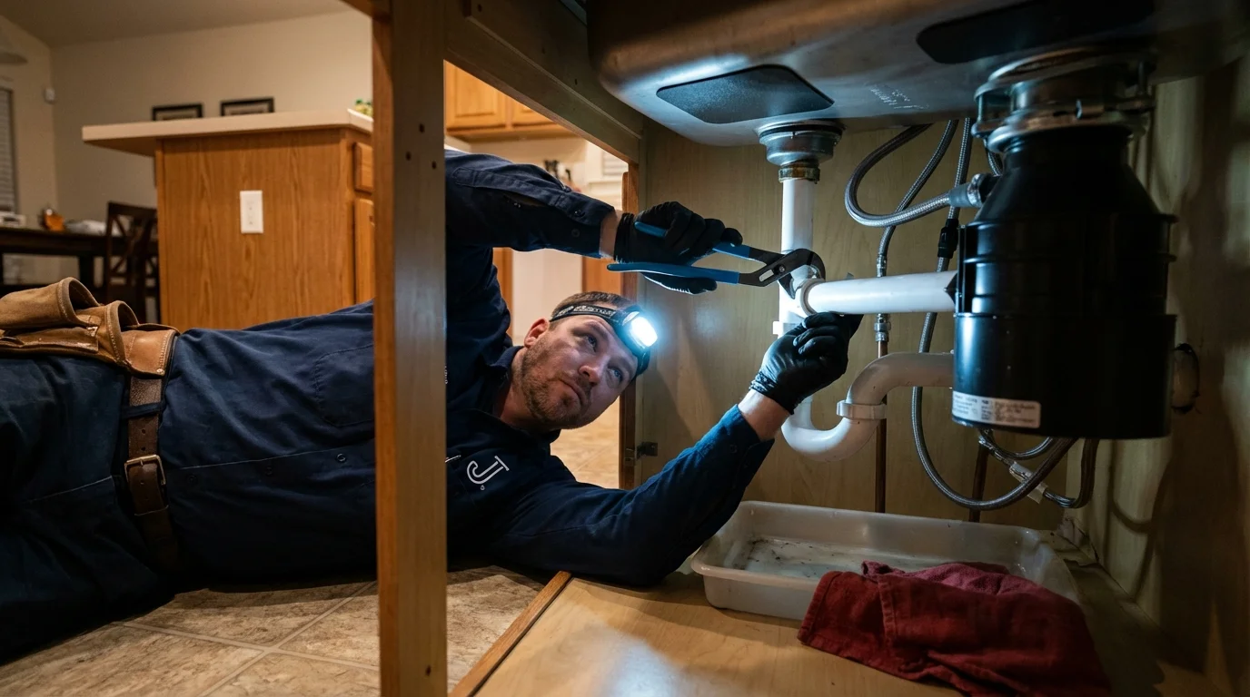 P-trap and supply line connections under a kitchen sink showing a common leak point in LaBelle, FL